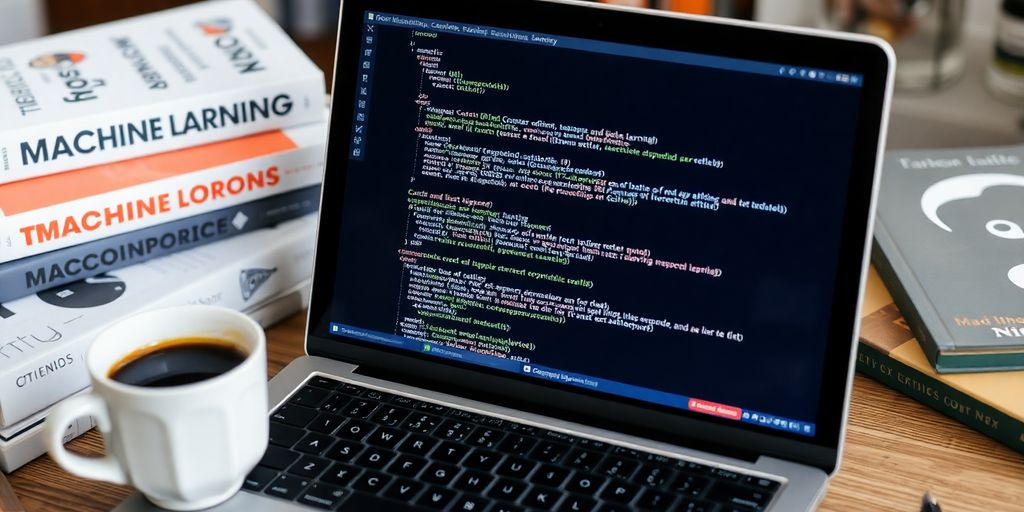 Laptop mit Python-Code und Büchern über Machine Learning.