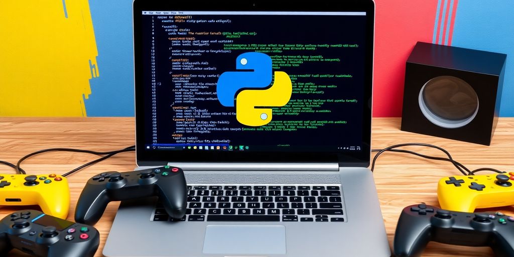 Laptop mit Python-Code und Spielecontrollern