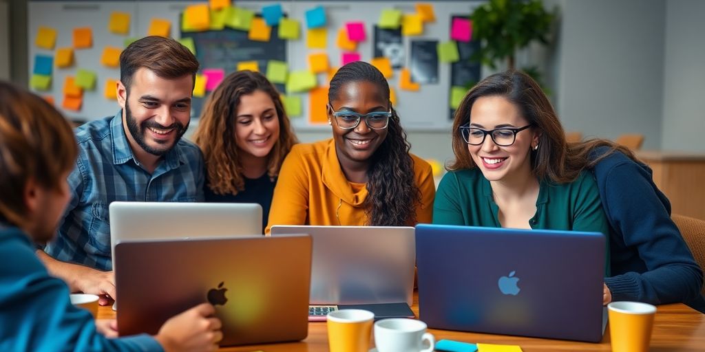 Diverse Gruppe lernt Programmierung an Laptops.